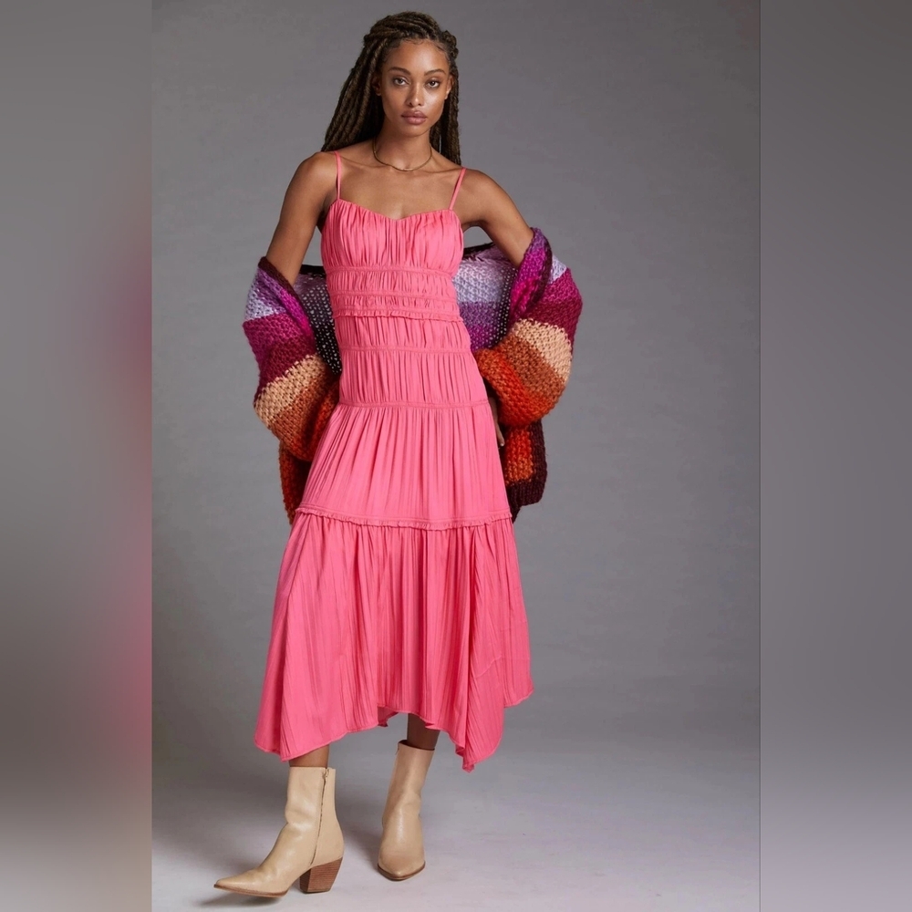 Anthropologie Ruched Tiered Satin Slip Dress Size 18